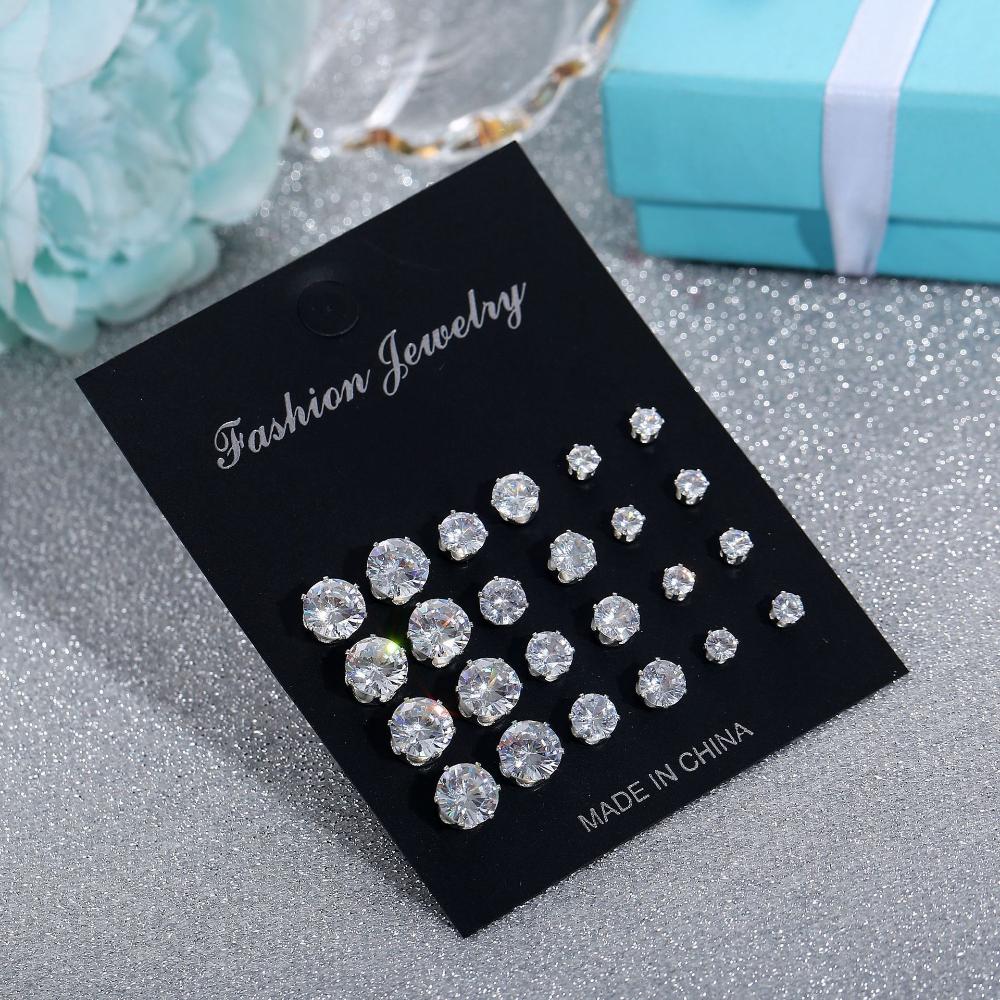 6/12Pairs Simple Women Jewelry Gift Geometric Crystal Round Zircon Stud Earrings Set Alloy Silver