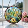 2D Flat Stained Glass Green Cactus Flower Window Decoration, 6.3/7.87inches Colored Glass Plate with Chain, Charming Spring Summer Sun Catcher Home