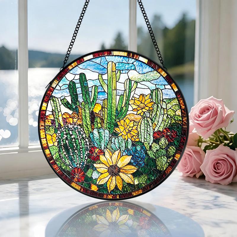 2D Flat Stained Glass Green Cactus Flower Window Decoration, 6.3/7.87inches Colored Glass Plate with Chain, Charming Spring Summer Sun Catcher Home