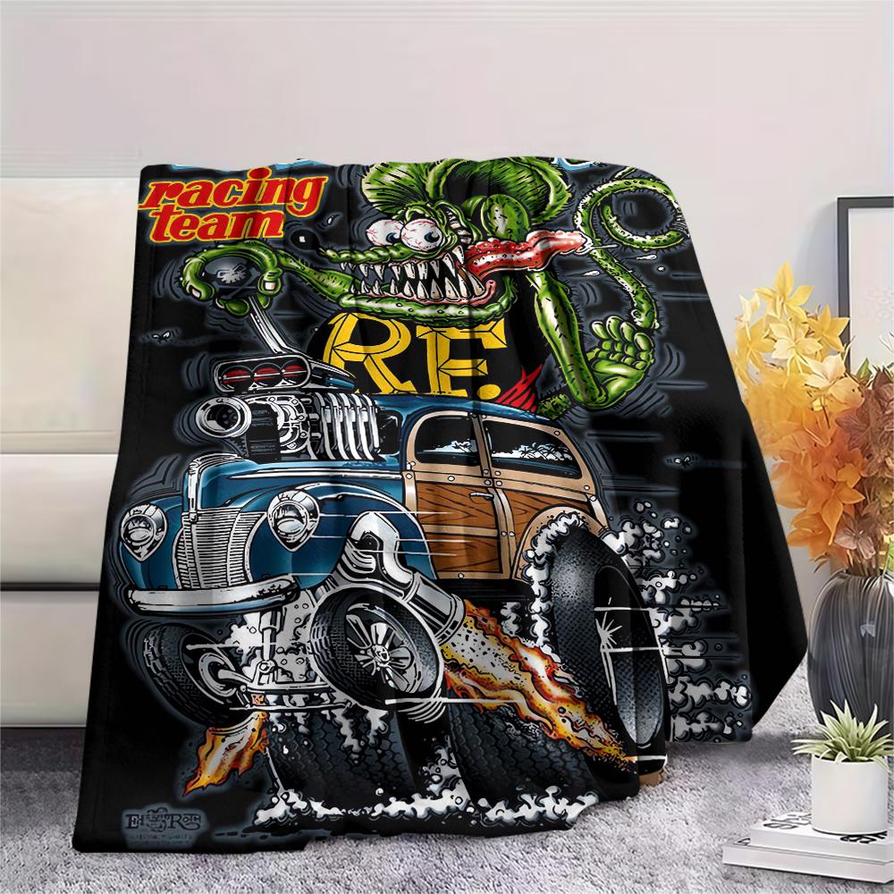 1Pc Rat Fink Print Flannel Blanket, High Quality Comfortable for All Seasons, Home Decor, Warmth and Comfort, Perfect for Christmas Gifts