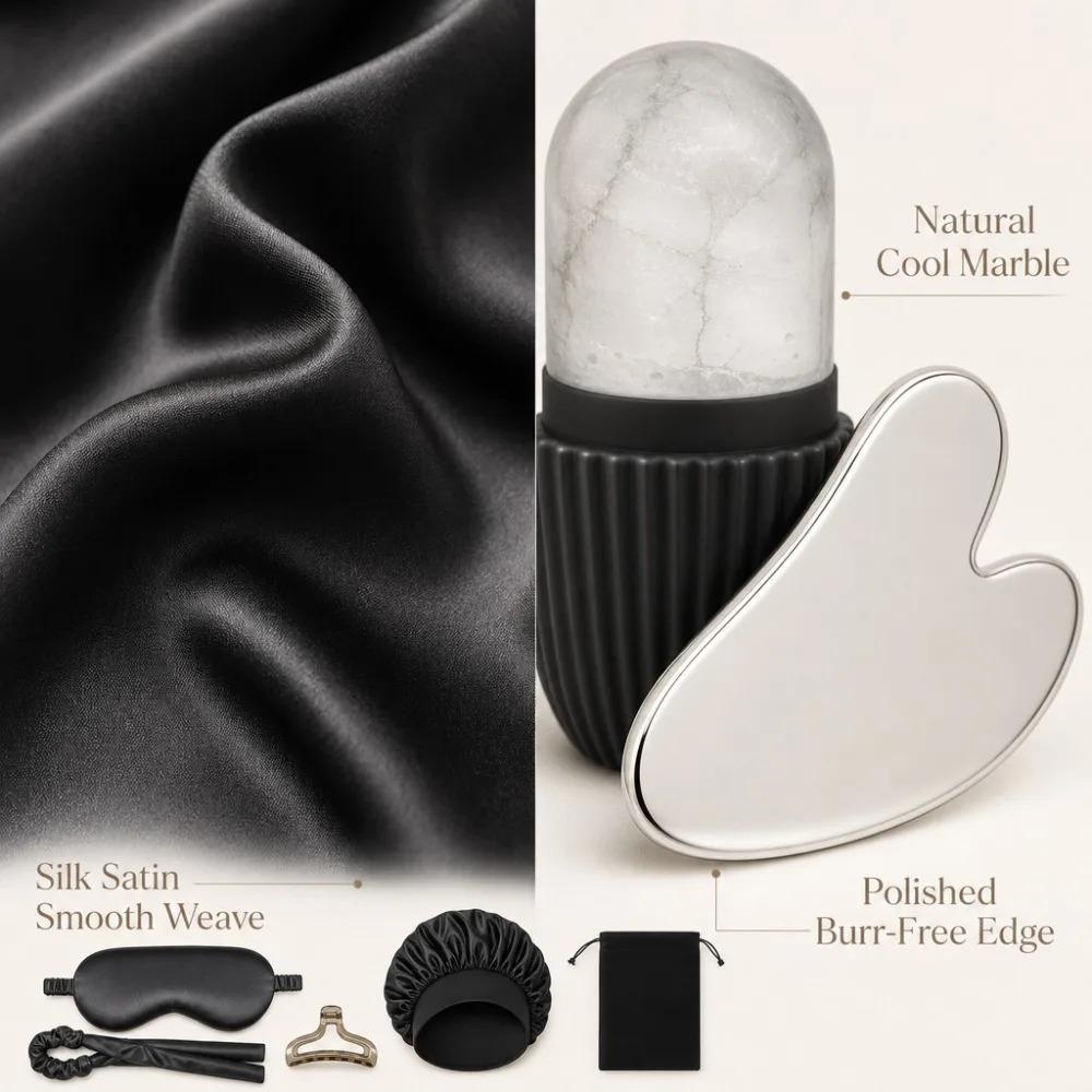 3/4/5/9Pcs Silk Sleep Set Eye Mask Satin Bonnet Memory Foam Pillow Gua Sha Ice Roller Face Massager Women Gift Style Accessories