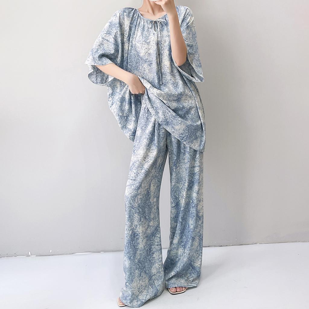 1011 new short-sleeved cotton and silk pajamas for women's summer thin printing loose and relaxed loungewear suit