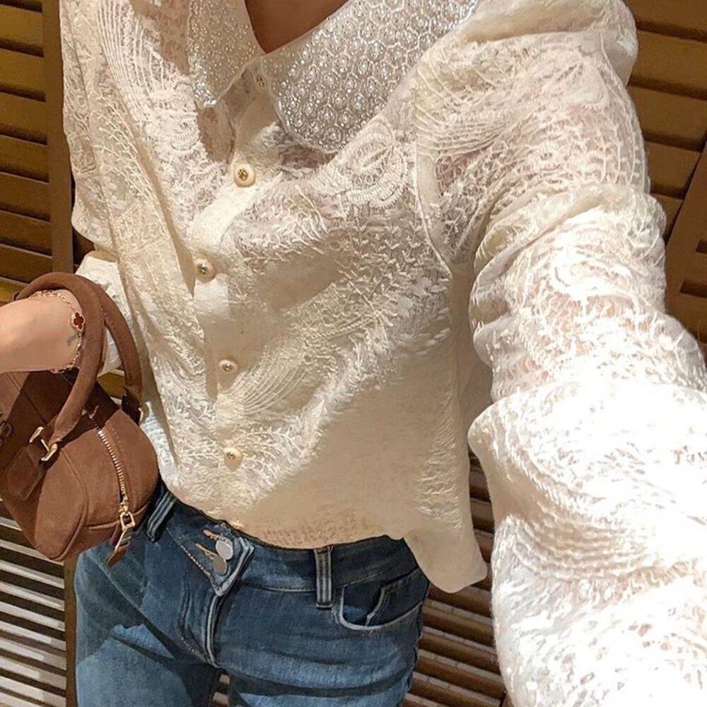 Elegante Camisa de Renda com Gola de Boneca e Miçangas Francesas - Top Bordado de Manga Longa Estilo Primavera