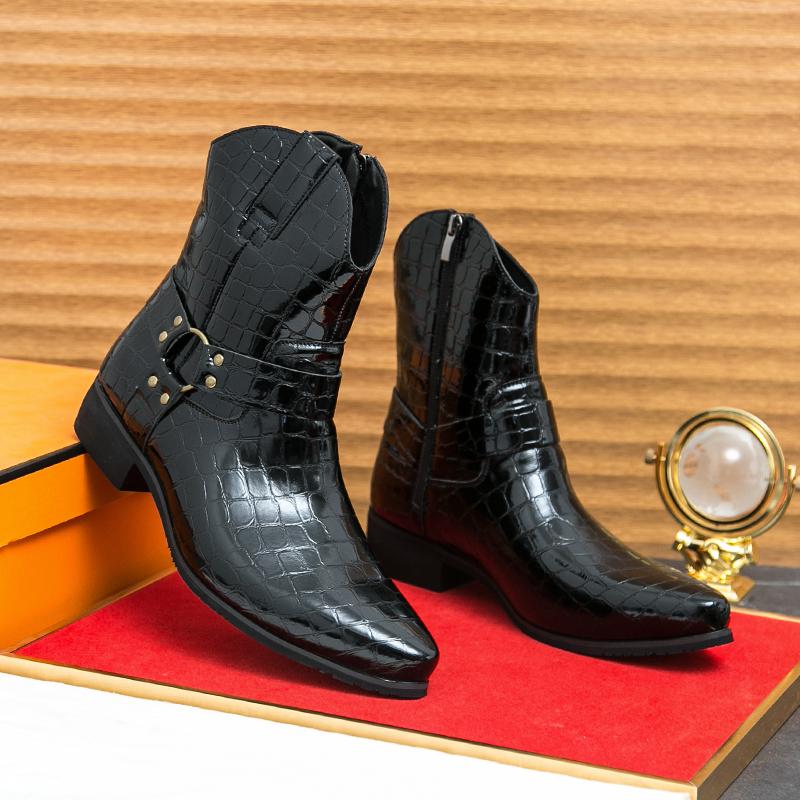 Trendy Snake Patterned Chelsea Boots for Men Genuine Leather Pointed Toe Zipper Short Boots Fashion Party Business Dress Shoes