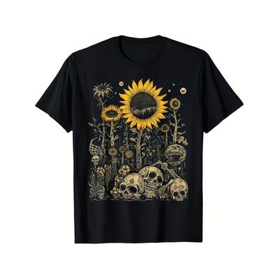 Camiseta Gráfica de Girasol Gótico y Calaveras para Hombre Algodón Negro Cuello Redondo Camiseta Arte Macabro Estampado Casual