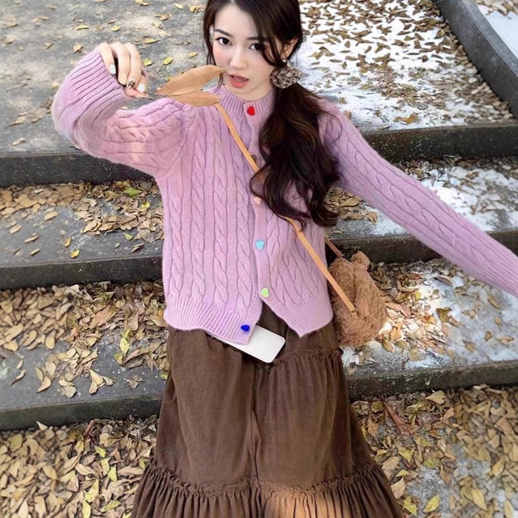 2025 Autumn Winter Women Knit Cardigan Sweet Heart-shaped Colorful Buttons Twisted Texture Slim Retro Casual Small Fragrance Style Sweater Coat