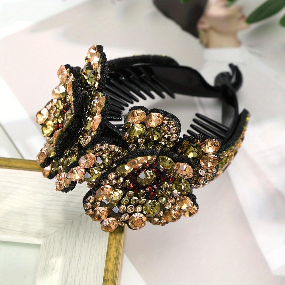 Women's Vintage Bun Maker Hair Clip Rhinestone Flower Ponytail Buckle Elegant Round Chignon Headpiece for Weddings and Parties