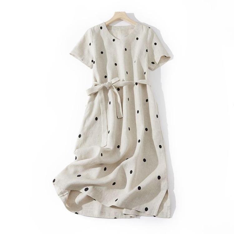 Vintage Linen Polka Dot Midi Dress Women Summer Short Sleeve Casual Loose Cotton Sundress Vestidos XS бежевый