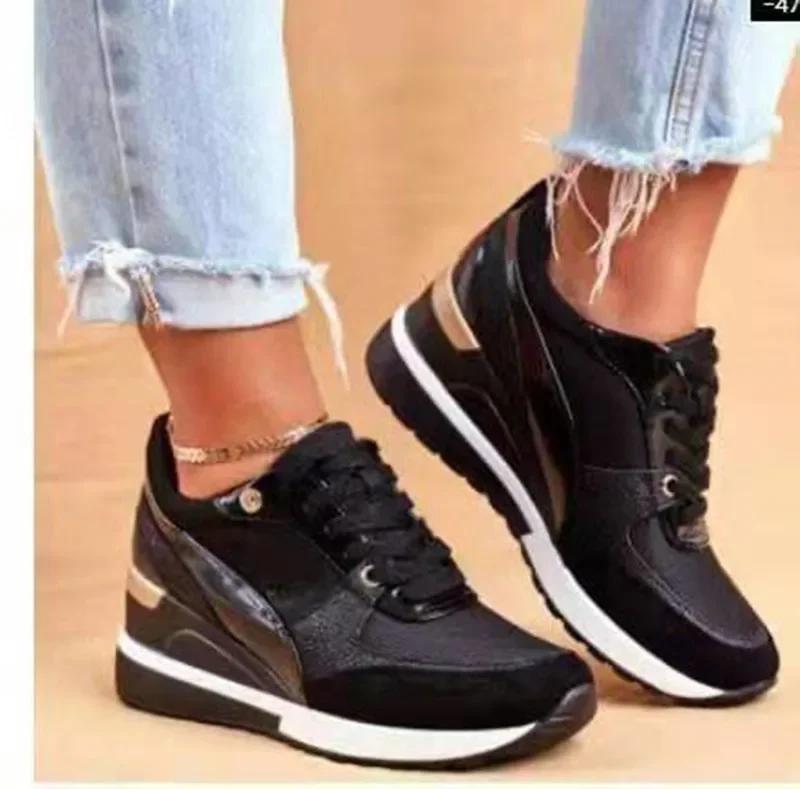 Autumn Winter New Color Matching Spring Low-top Daily Black Gold Breathable Round Toe Women Slope Heel Casual Female Shoes