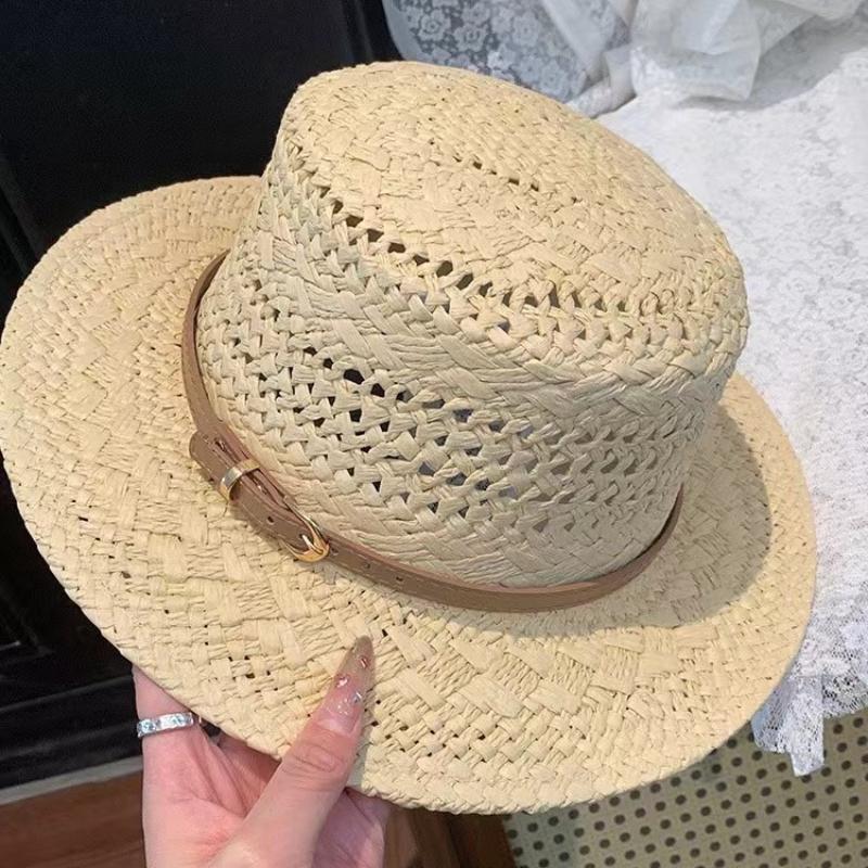 Women's retro flat topped straw hat British style summer hollowed out sunshade hat seaside vacation style grass woven sun hat