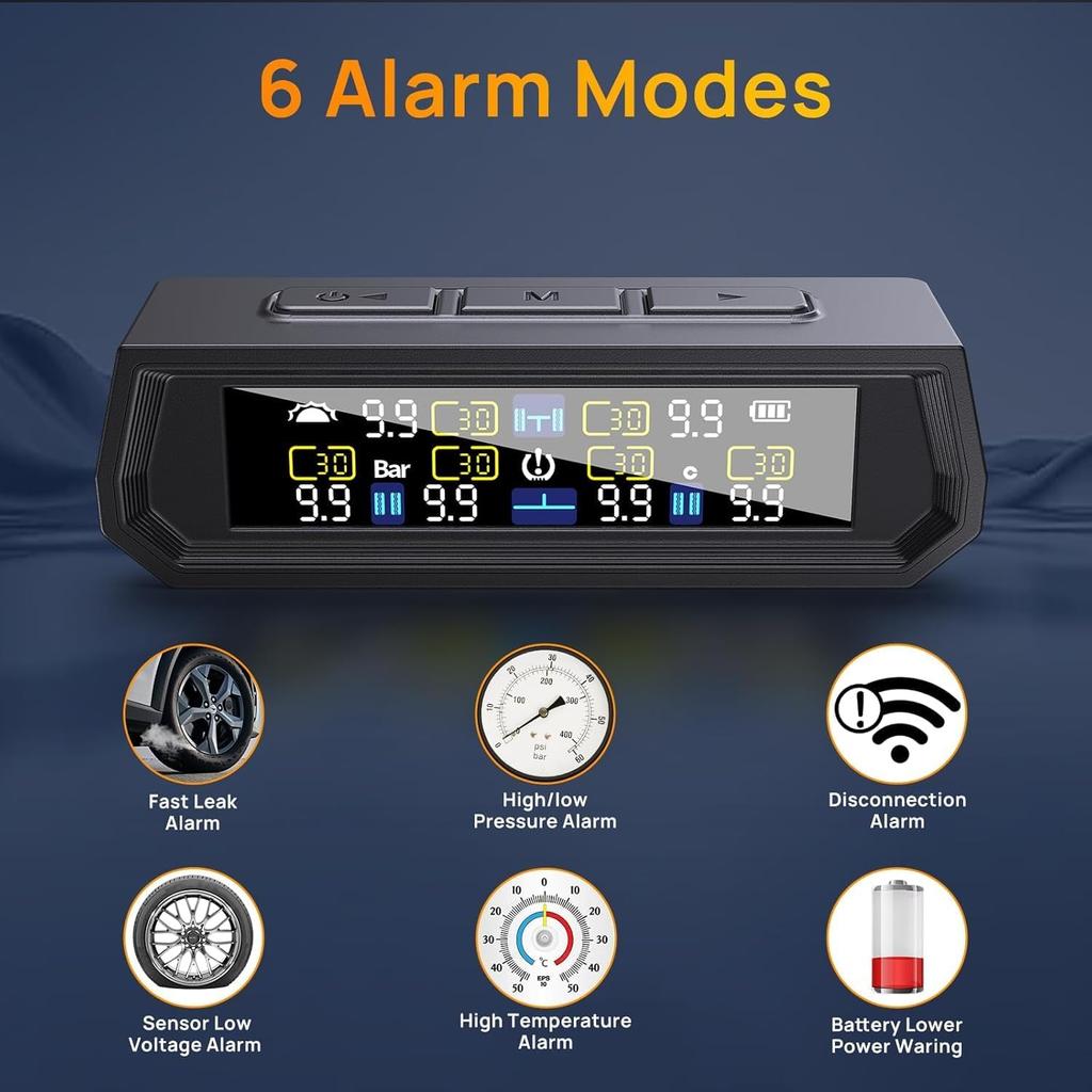 RV Tire Pressure Monitoring System,0-9.9 BAR,144 PSI Tire Pressure Monitor System With Solar Charge, TPMS With 6 Sensors&6 Alarm Modes (6