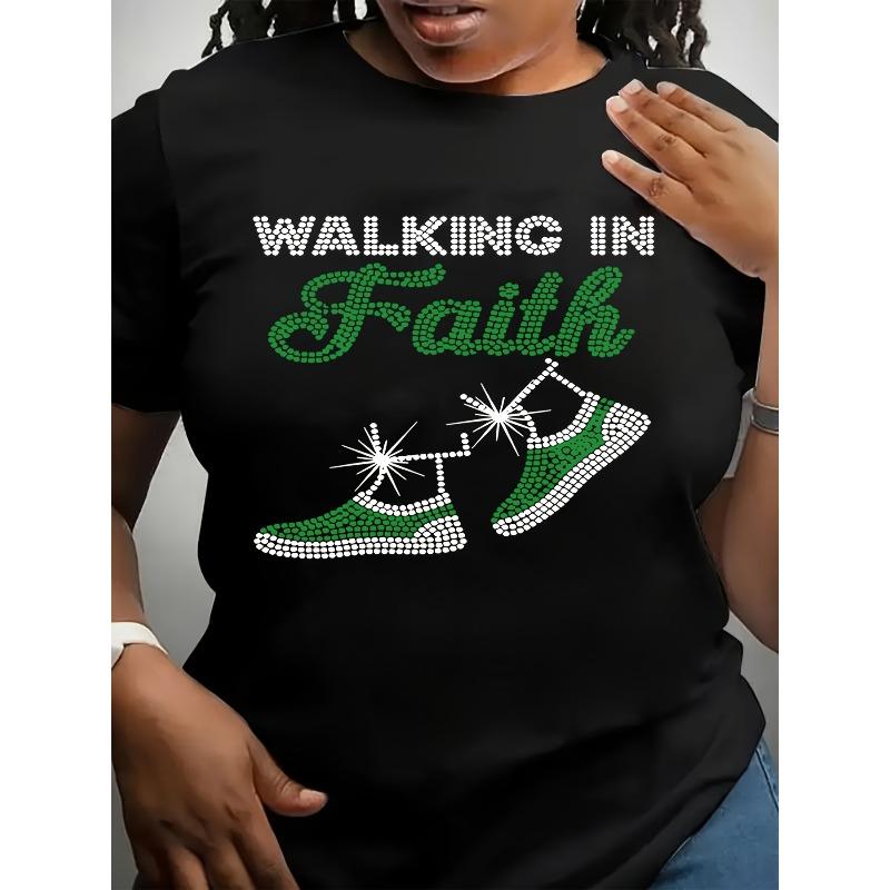 

Женская футболка большого размера Иду в вере с графическим принтом, смесовая, с круглым вырезом, алфавитный узор, средняя эластичность, всесезонный повседневный топ S чёрный