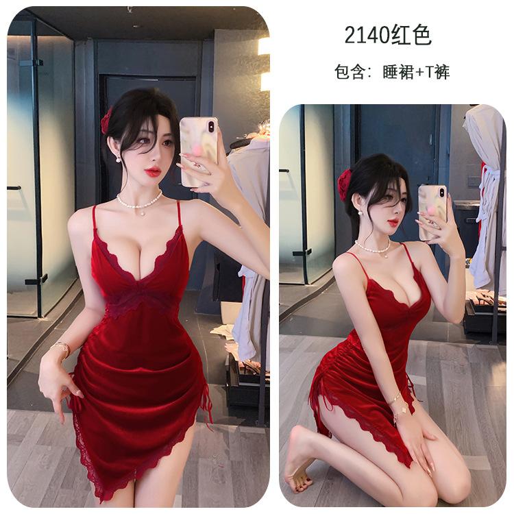 Sex lingerie sexy deep V passion seduction velvet nightgown cross lace-up halter pajamas