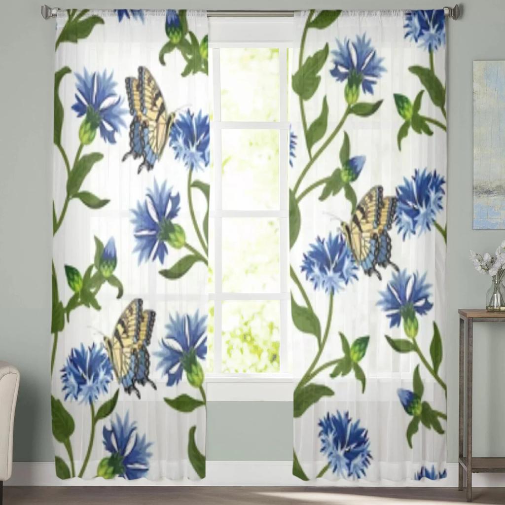 Helle Kornblumen und Schmetterlinge Tüll-Fenstervorhang für Wohnzimmer Schlafzimmer Voile Gardinen Küchenbehandlungen Vorhänge