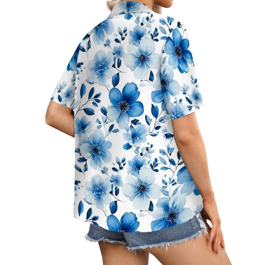 Women's Casual Short Sleeve Button Down Shirt Floral Print Open Front Collar Top Lightweight Summer Blouse Relaxed Fit