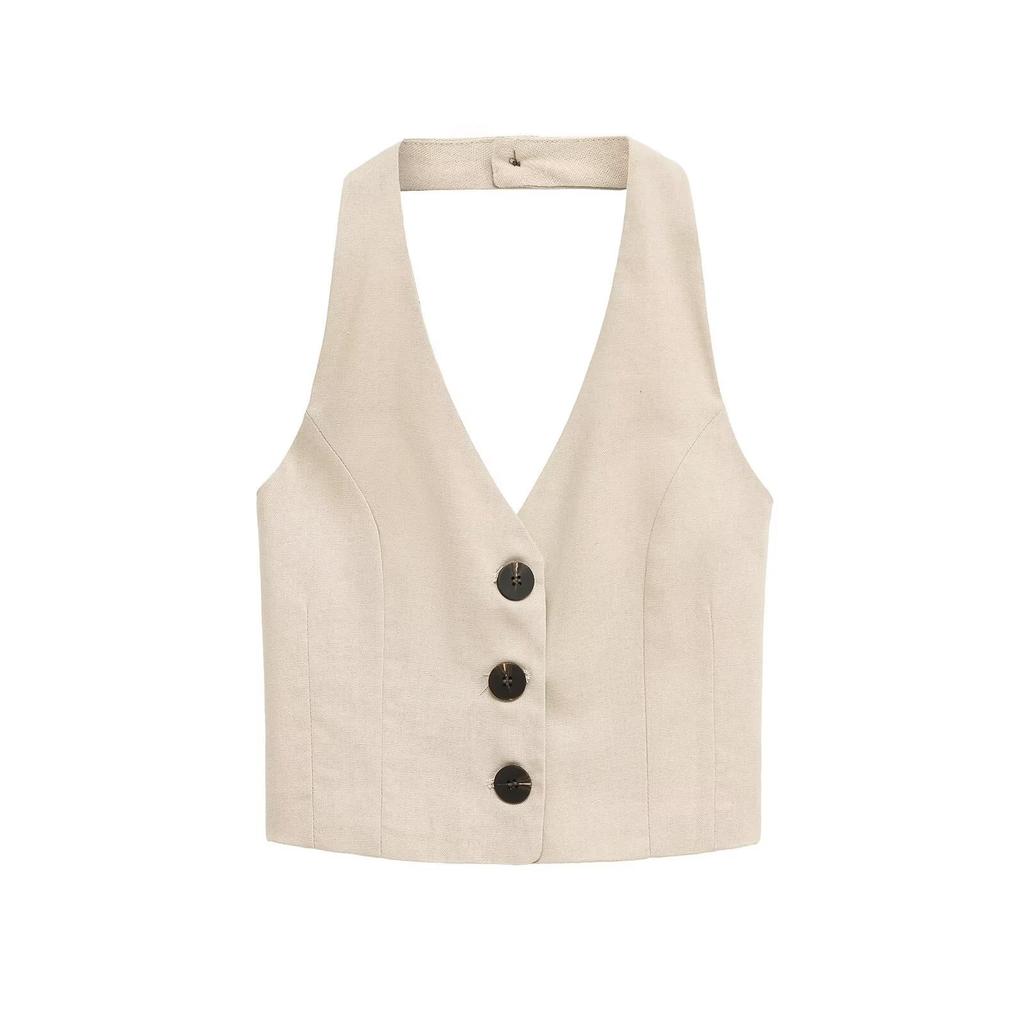 European and American style, new women's clothing, foreign style, fashionable, linen neck collar sleeveless casual top