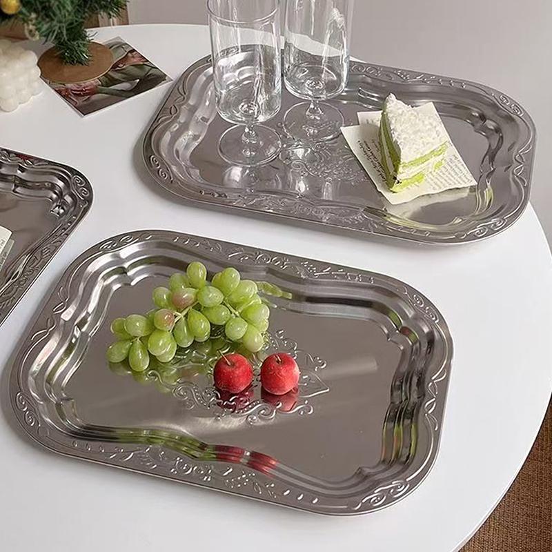 1Pcs Stainless Steel Rectangular Tray With Embossed Design For Kitchen Living Room Storage Durable Fruit Snack Cake Serving Dish