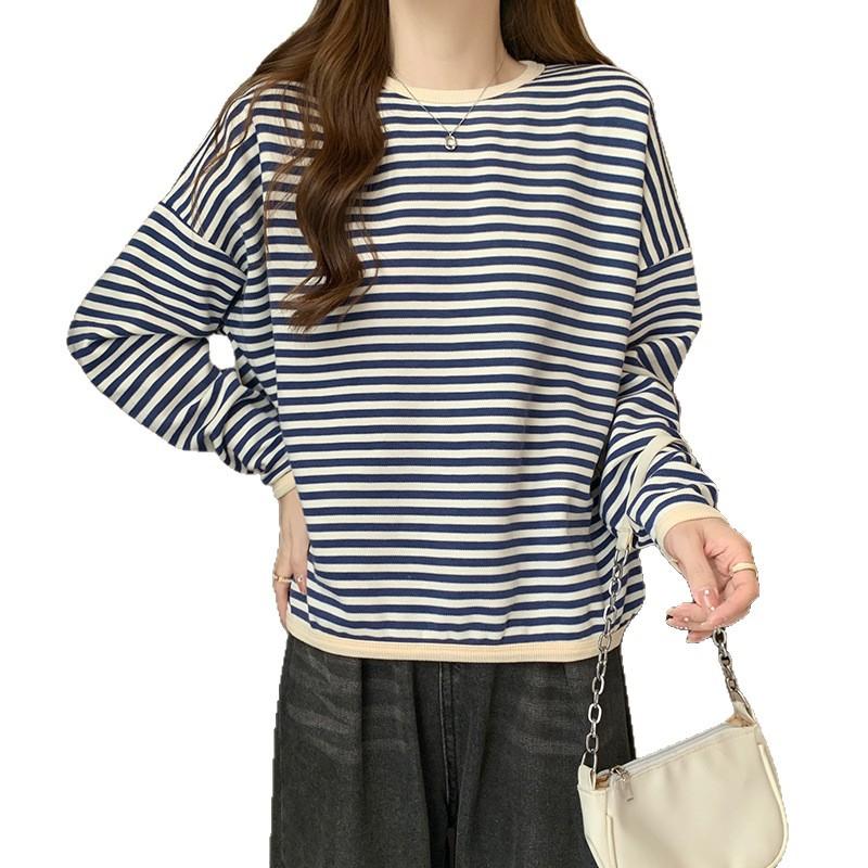 Polyester Fiber 100% 250g Striped Sweater Thin Autumn New Loose Crew Neck T Casual