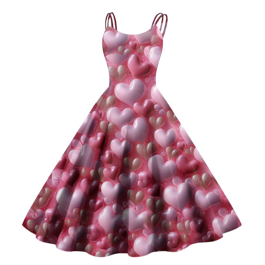 Kvinners Valentinsdag Kjærlighet Hjerte Trykk Sexy Bar Skulder Vintage Kjole
