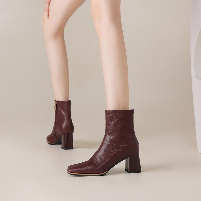 Fashion 2025 Autumn New Genuine Leather Women Ankle Boots Black Burgundy High Chunky Heel Square Toe Shoes Fashion Ladies Ankle Boots