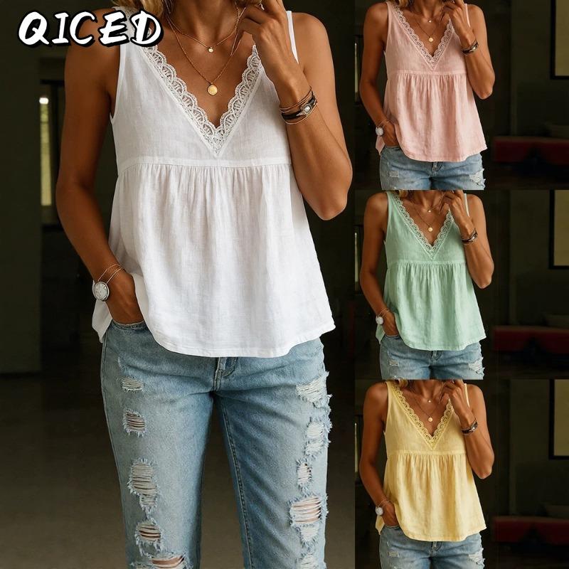 QICED Women's Fashion Casual Solid Color Print Sleeveless V Neck Blouses & Shirts