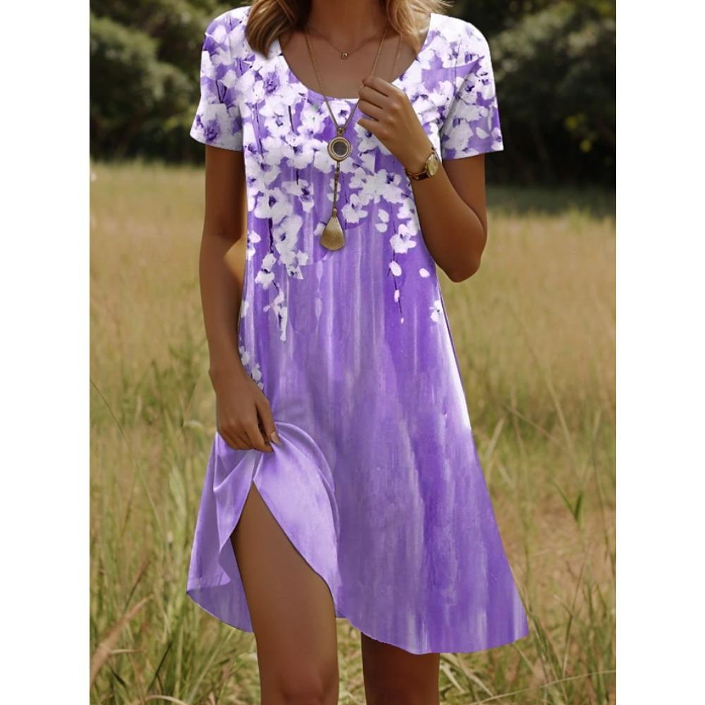 Abiti casual da donna con stampa floreale, manica corta, girocollo, per estate e primavera