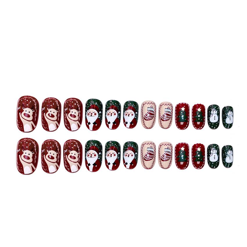 Santa Claus Elk Snowman Cartoon Print Fake Nails for Christmas Party 24pcs Wearable Press On Nail Patch Artificial Wear Nails