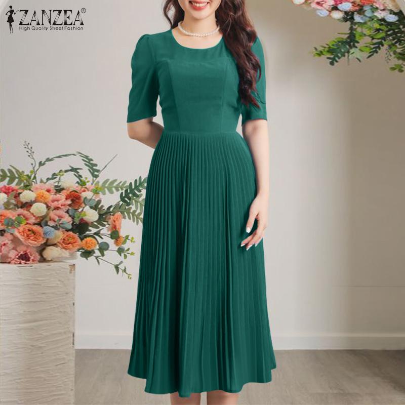 ZANZEA Vestido Casual de Verano para Mujer de Cuello Redondo y Manga Corta con Pliegues de Color Sólido