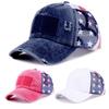 Distressed Wash Cotton Baseball Hat with Star Print Curved Brims Mesh Ponytail Sun Hat for Patriotic Women Teens Girl
