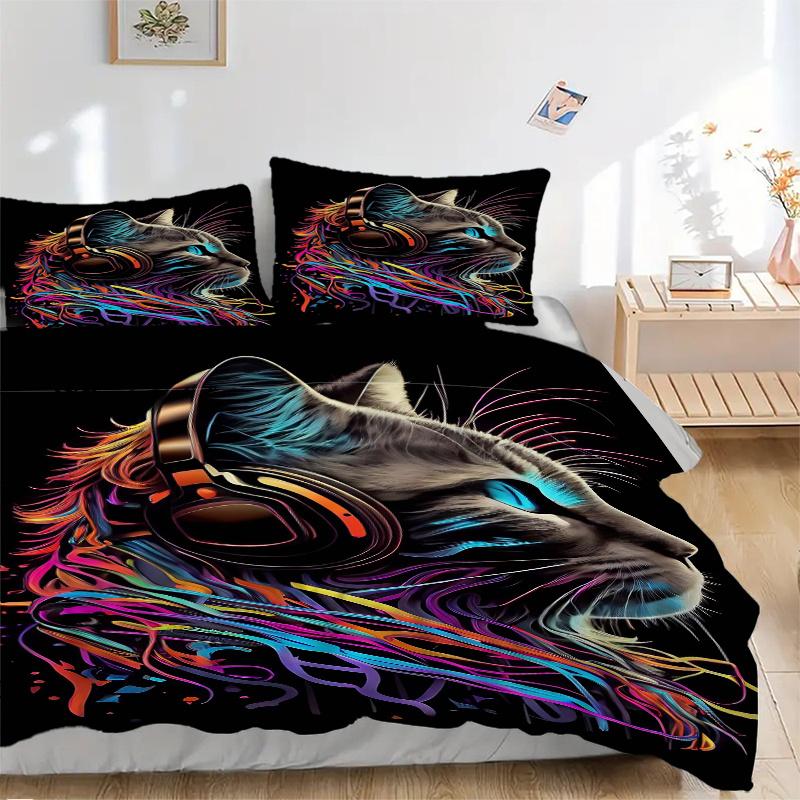 3pcs Music and Art Cat Quilt Set Cartoon Themed Bed Quilt Set Lovely Character Bedroom Decor Bed Quilt Set Four Seasons (1 Cover + 2Pillowcase NO