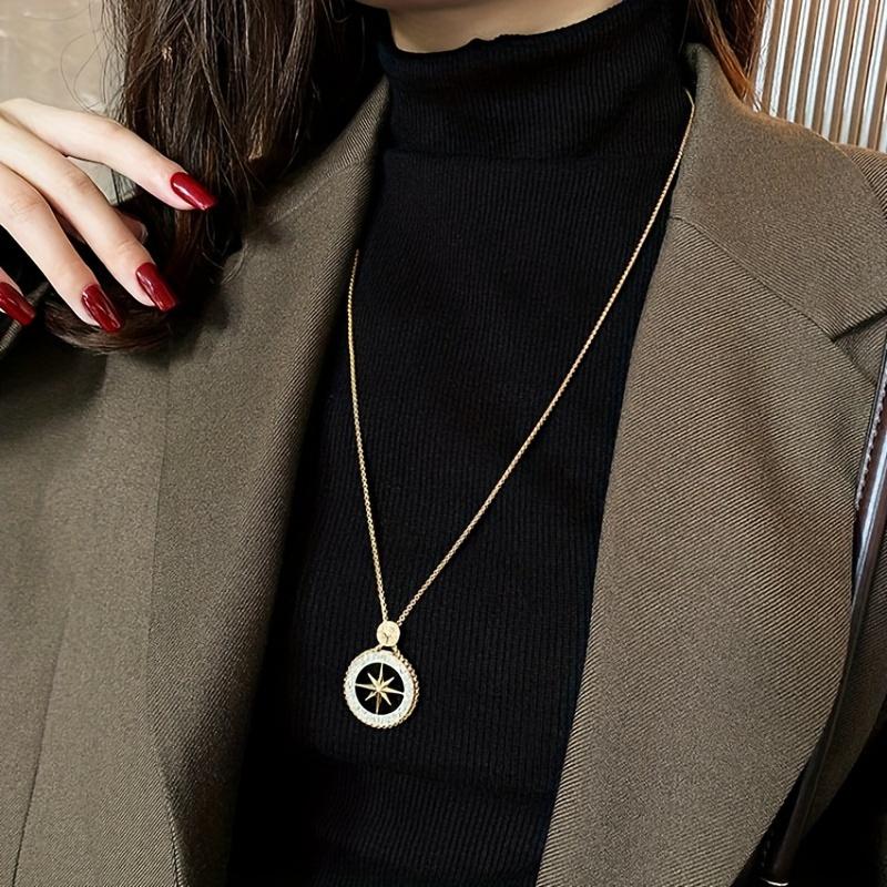 A Single Elegant Golden Copper Compass Star Pendant Necklace with Sparkle - a Long Sweater Chain Perfect for Autumn and Winter