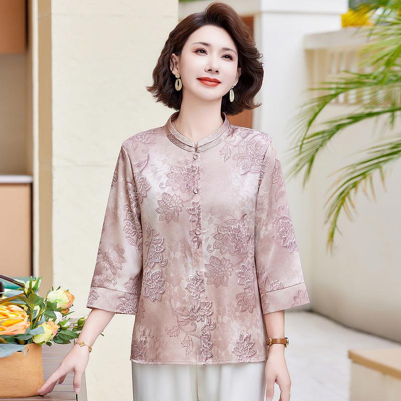 Mom's 2025 New Style Seven-Sleeve Printed Chiffon Blouse for Middle-Aged and Elderly