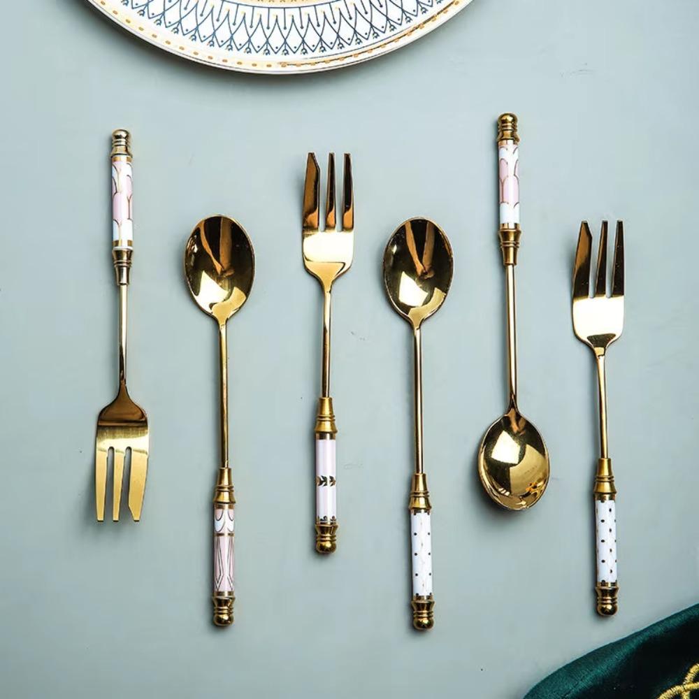 Stainless Steel Dessert Spoon Fork Ceramic Handle Fruit Forks Pastry