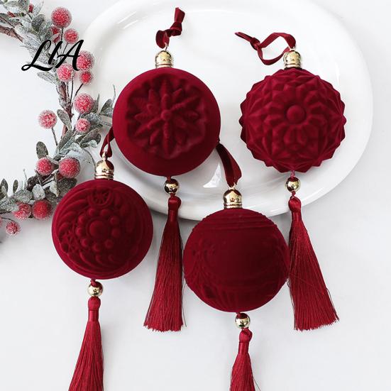 Bordeauxrød Velour Kuglepynt Julepynt med Fnuller og Guldperler, Elegant Boligindretning Retro Tekstur Dekorative Hængende Vedhæng til