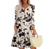 Women's Fashionable V-Neck Button Seven Part Cuff Pocket Floral Dress