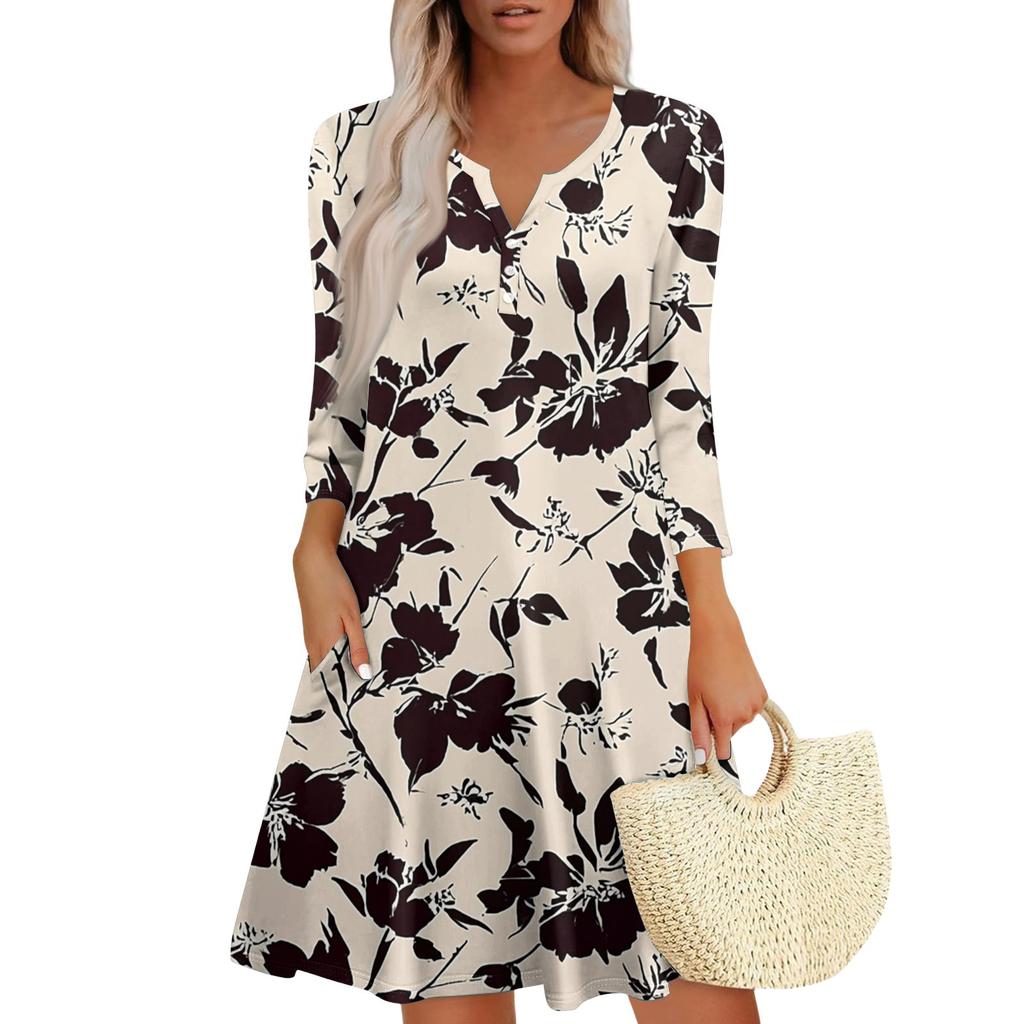 Women's Fashionable V-Neck Button Seven Part Cuff Pocket Floral Dress