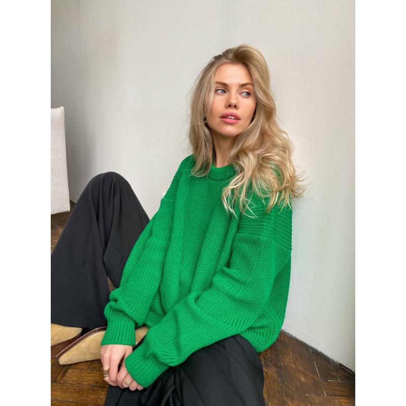 Herbst und Winter Damenpullover Strickpullover Rundhalsausschnitt Lose Einfarbig Langarmpullover