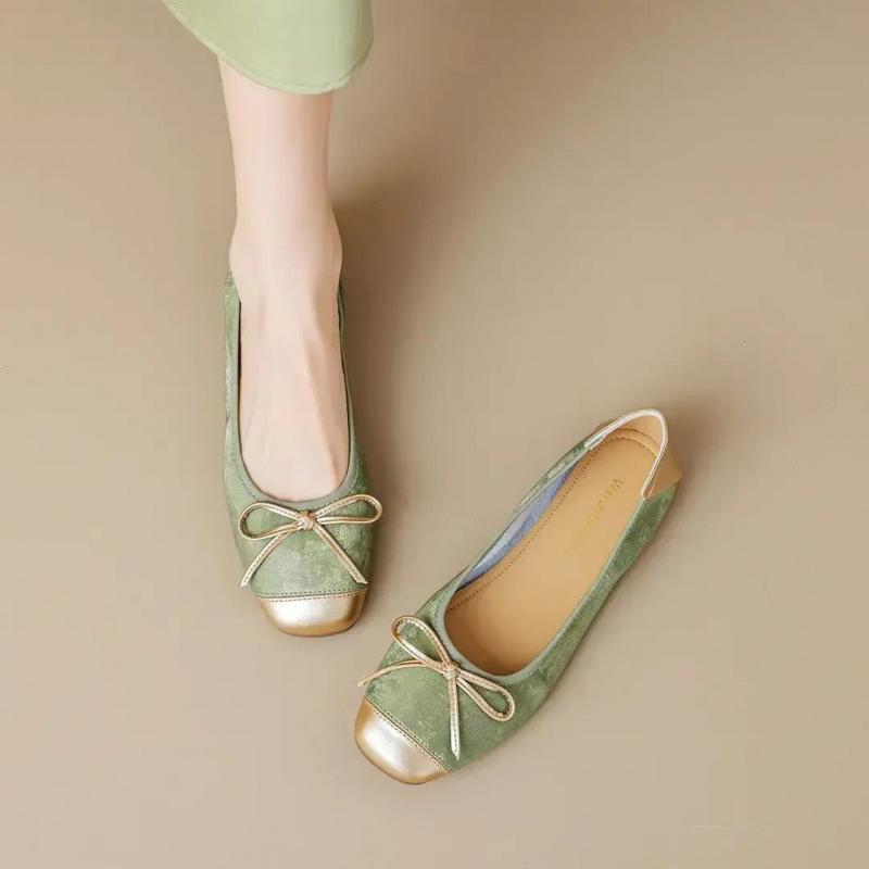 

Французские туфли-лодочки с открытым верхом, летние новые балетки на плоской подошве с бантом, женская обувь на мягкой подошве 40 зелёный