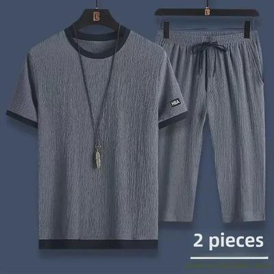 Men's Summer Casual Sports Suit: Breathable Short-Sleeve T-Shirt & Cropped Pants Two-Piece Set