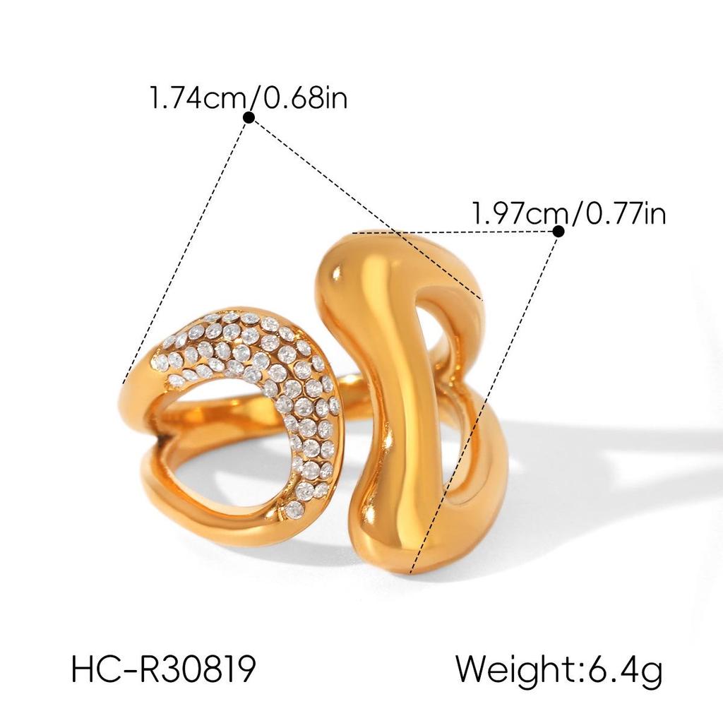 18K Gold-Plated Stainless Steel Diamond Inlaid Open Ring - Fashion Design Jewelry for Women