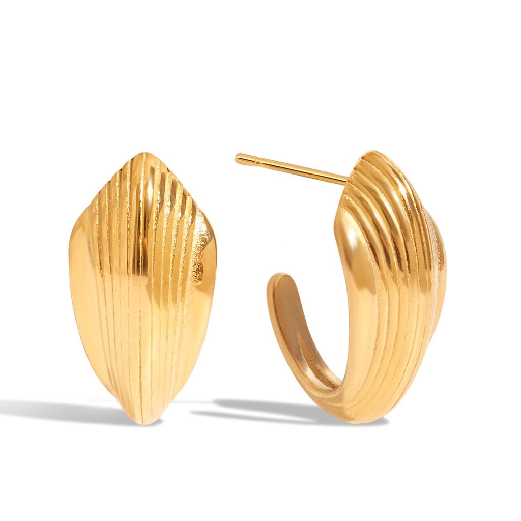 Classic 18K Gold Ribbed Line Textured C Ring Earrings Ear Jewelry
