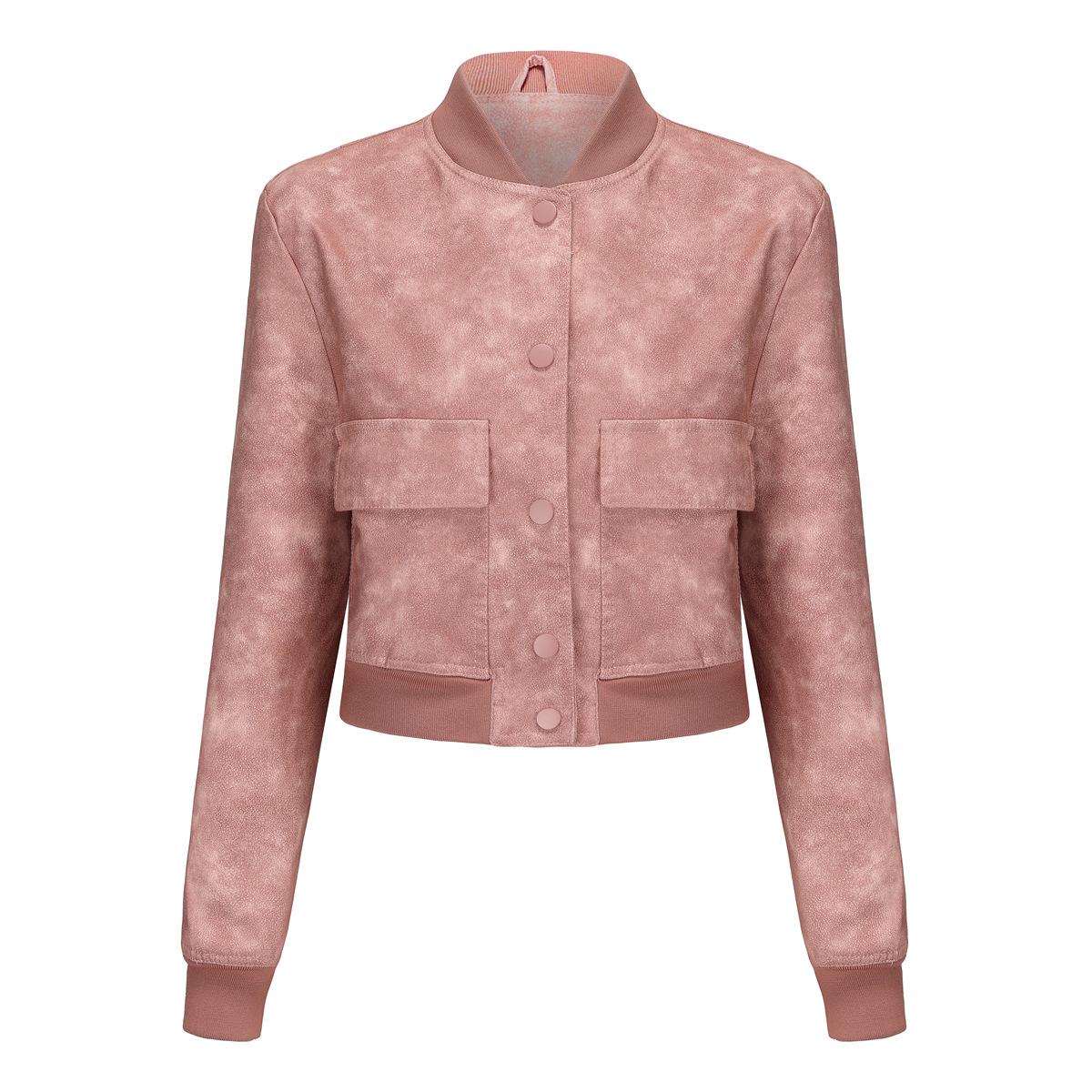 

Осень-зима Женская приталенная куртка из искусственной кожи с воротником-лацканами и длинным рукавом на молнии S розовый