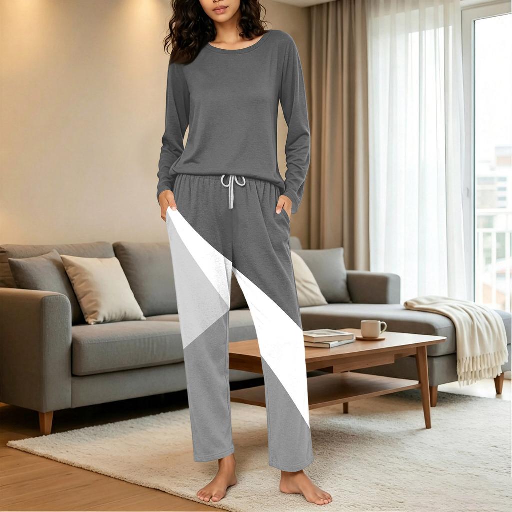 Women's Loose Fit Printed Pajama Set with Round Neck for Casual Sleepwear
