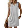 2026 European Retro V-Neck Sleeveless Contrast Piping T-Shirt Dress for Women