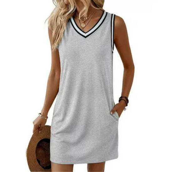 2026 European Retro V-Neck Sleeveless Contrast Piping T-Shirt Dress for Women