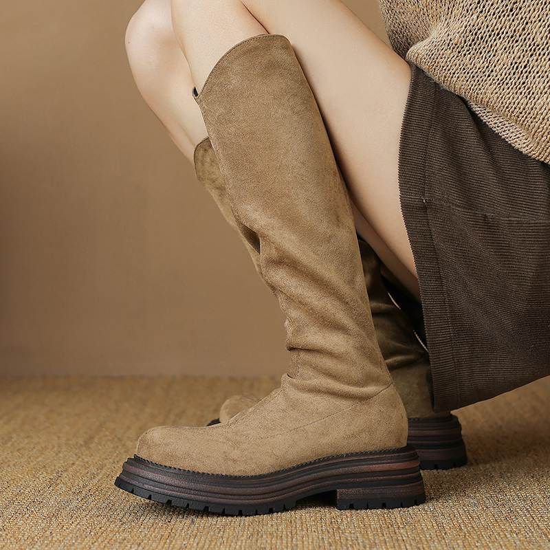 Krazing Pot Flock Autumn Winter Shoes Thick Med Heels Flat Platform Size 43 Modern Boots Stretch Knee Boots
