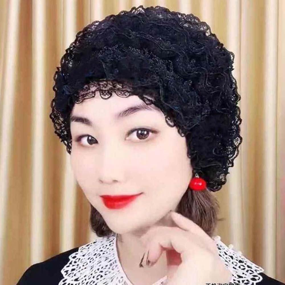 Polyester Elastic Curly Hair Hat Breathable Mesh Lace Pullover Cap Beauty Lace Curling Hat for Mom