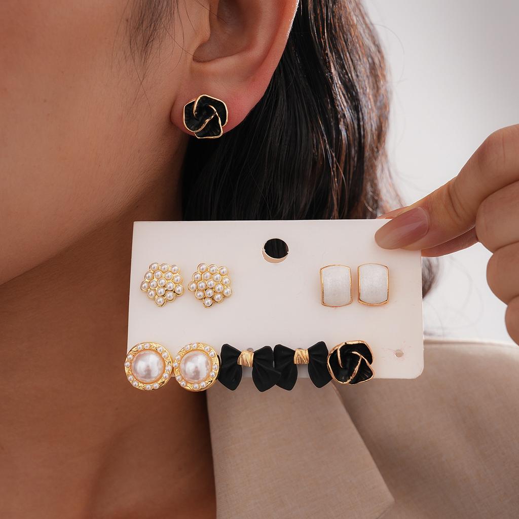 Ten-piece Set of Oil Drop Pearl Bow Flower Square Silver Needle Stud Earrings Retro Simple Earrings
