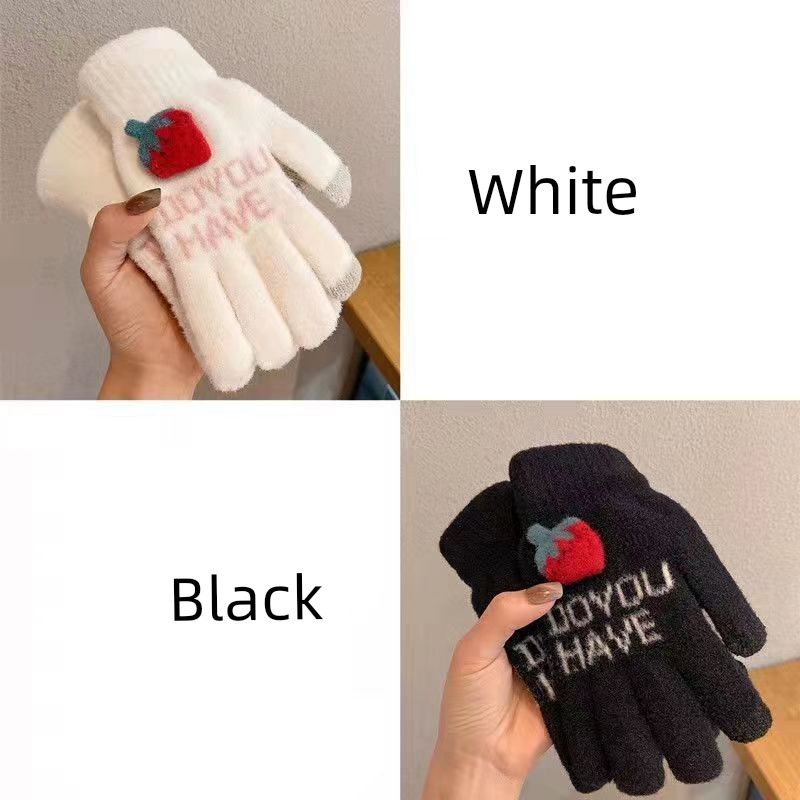 

Touch Screen Strawberry Gloves Winter Warm Knitted Plush Gloves for Students Cycling Girls Children Five-finger Gloves White + Black (2 pairs in total) All yards