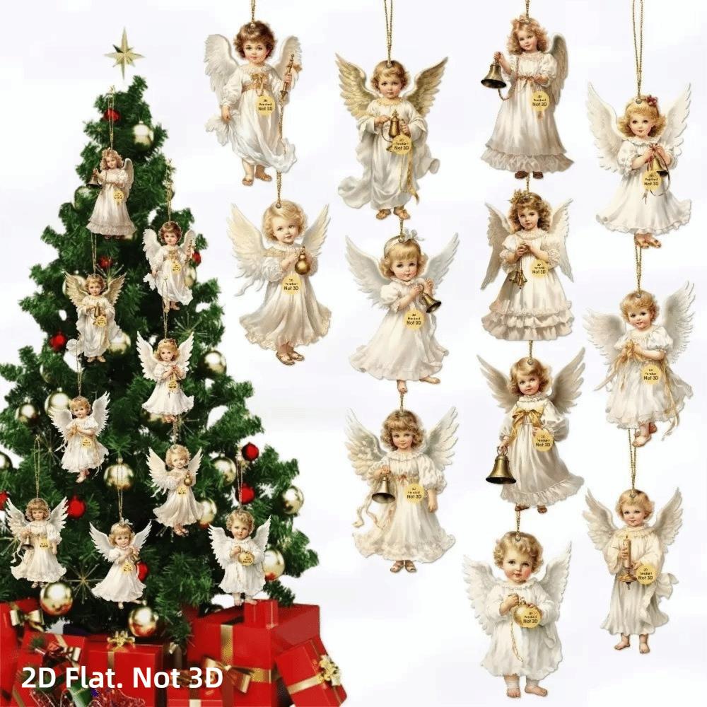 Wooden Xmas Tree Pendant 2D Flat Christmas Decorations Vintage Victoria Angel Ornament Set